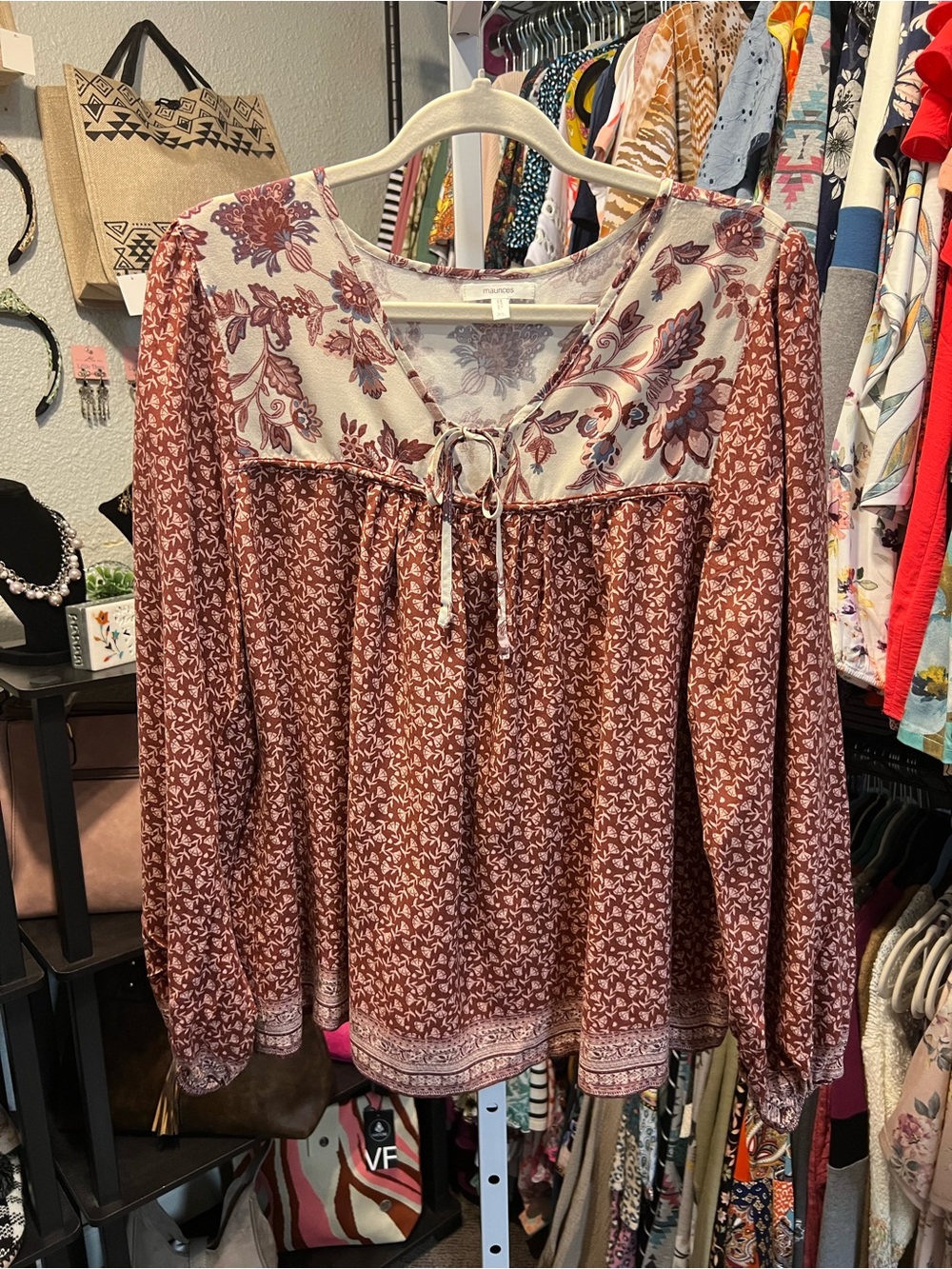 Maurices Rust Printed Peasant Blouse with Floral Yoke